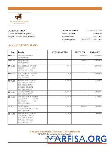 Blank Central African Republic Banque Populaire Maroco Centrafricaine bank statement excel example